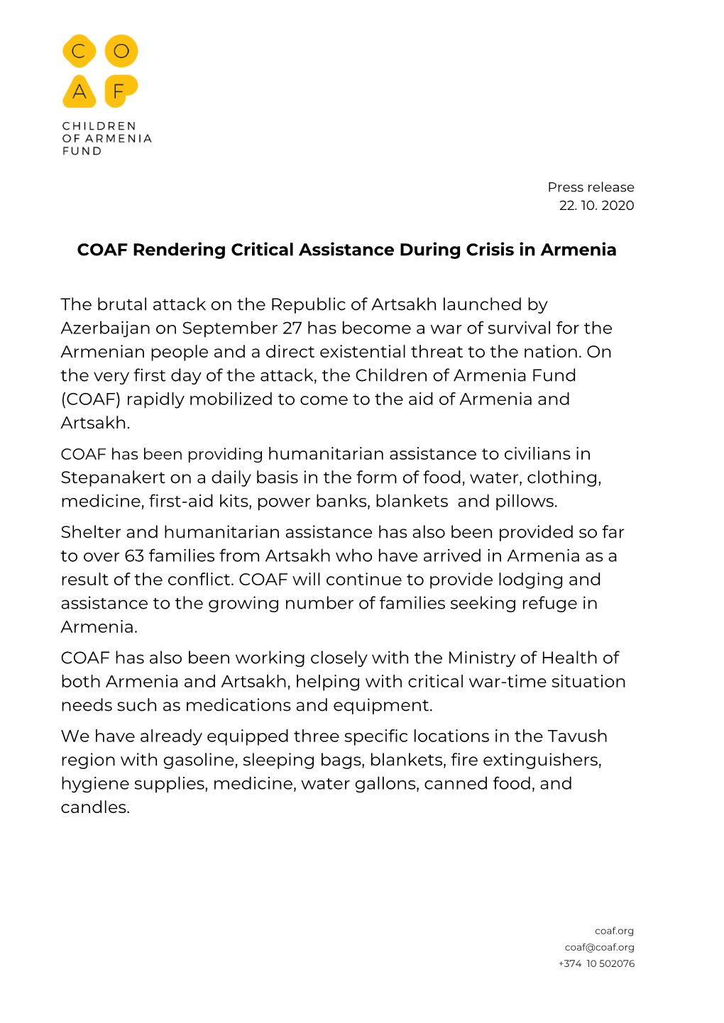 COAF Rendering Critical Assistance During Crisis in Armenia