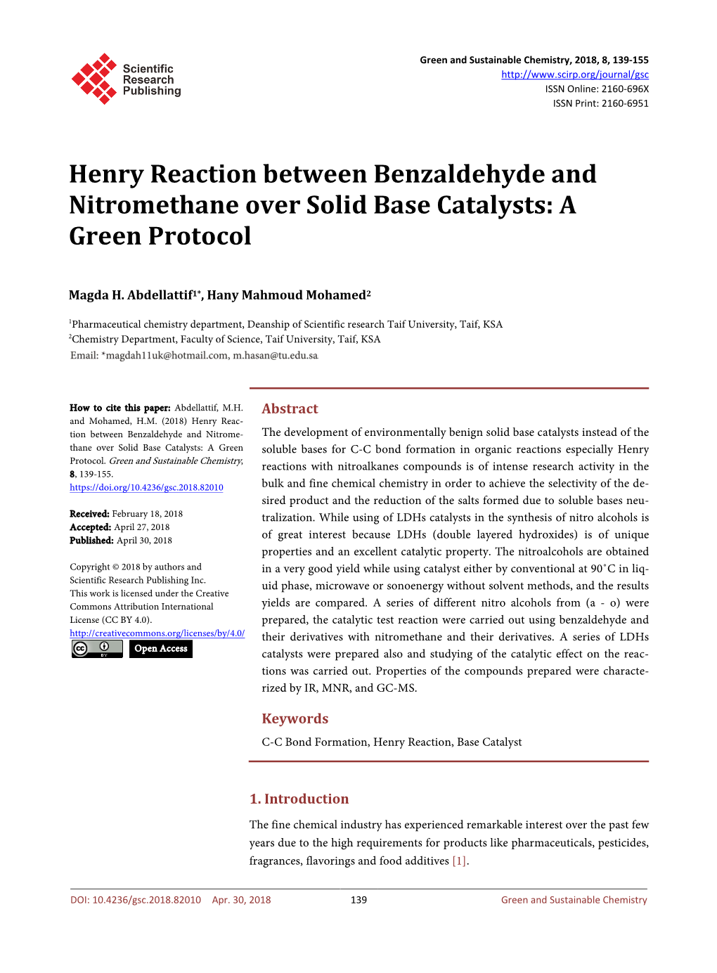 Henry Reaction Between Benzaldehyde and Nitromethane Over Solid Base Catalysts: a Green Protocol