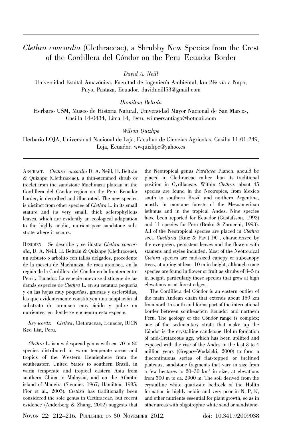 Clethra Concordia (Clethraceae), a Shrubby New Species from the Crest of the Cordillera Del Co´Ndor on the Peru–Ecuador Border