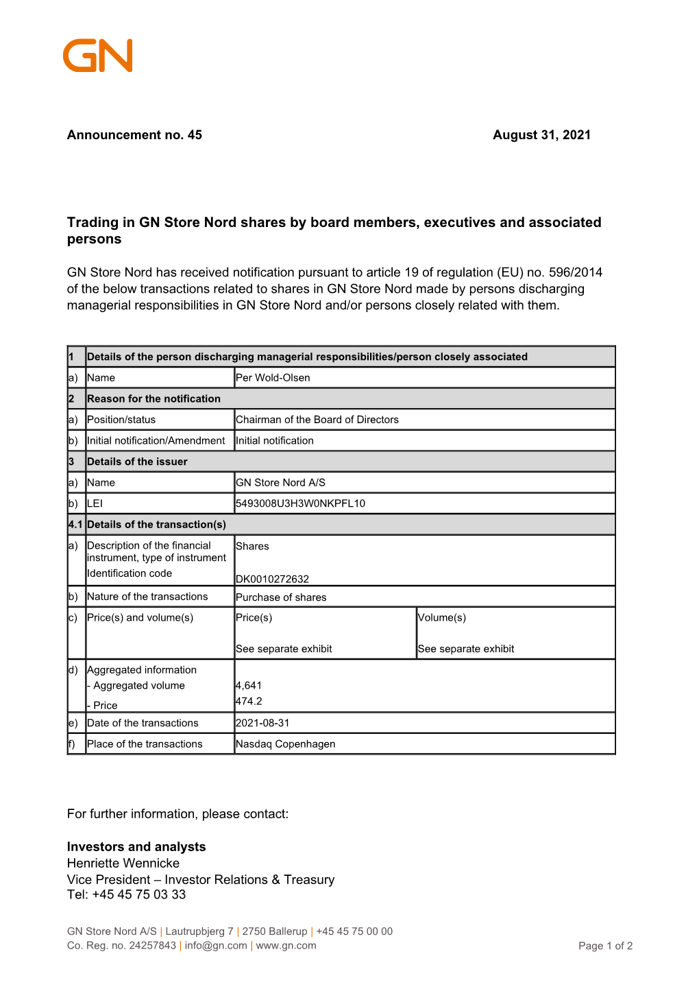 Trading in GN Store Nord Shares by Board Members, Executives and Associated Persons