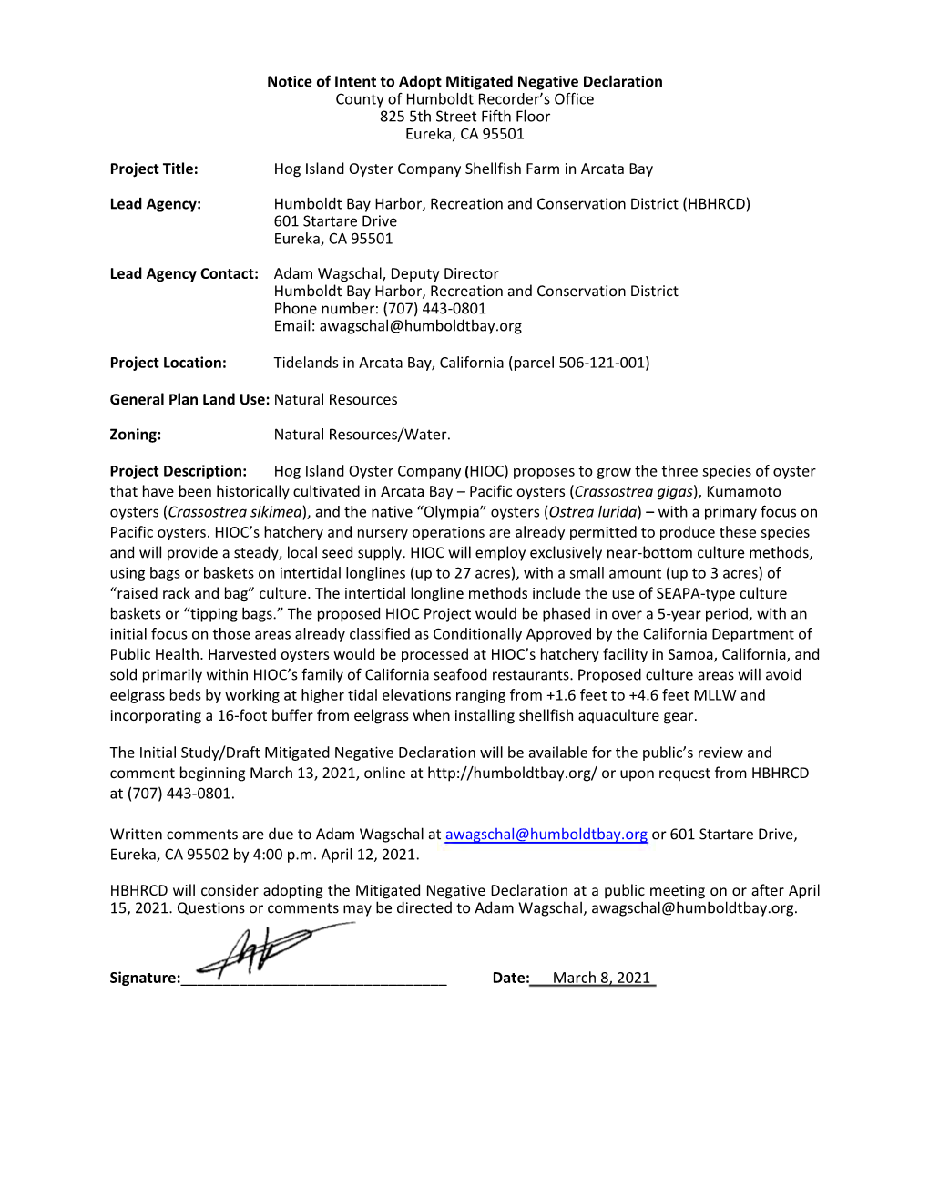 Notice of Intent to Adopt Mitigated Negative Declaration County of Humboldt Recorder’S Office 825 5Th Street Fifth Floor Eureka, CA 95501