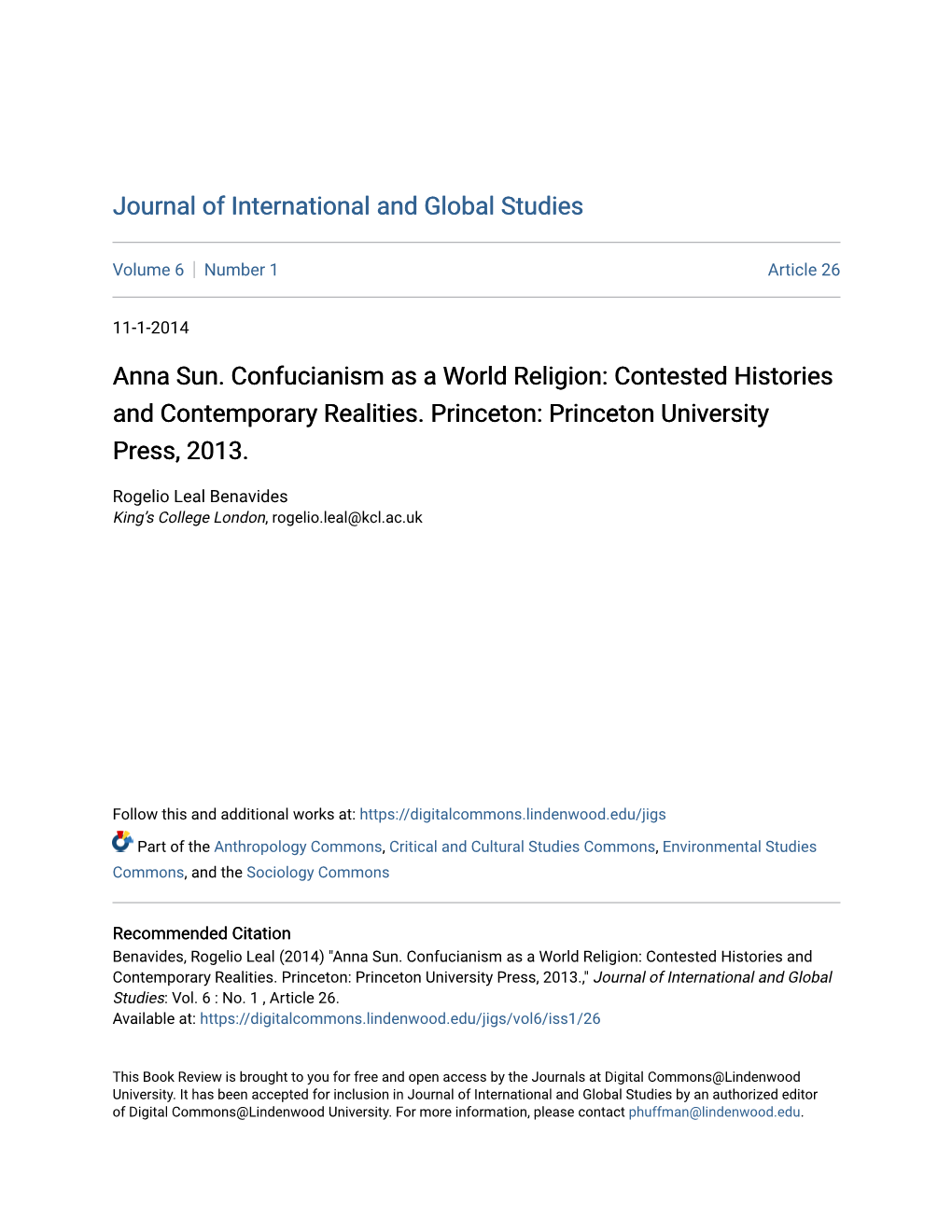 Anna Sun. Confucianism As a World Religion: Contested Histories and Contemporary Realities