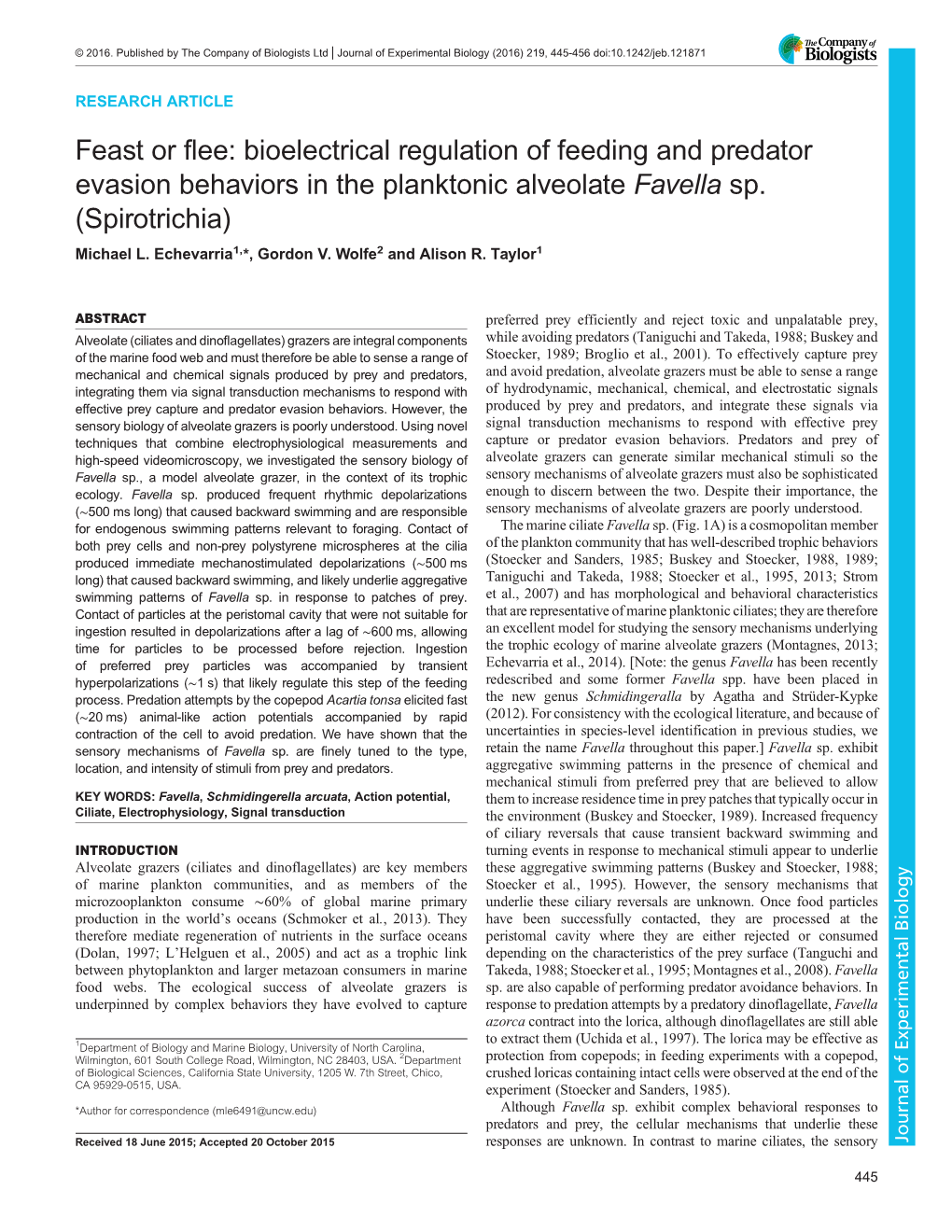 Bioelectrical Regulation of Feeding and Predator Evasion Behaviors in the Planktonic Alveolate Favella Sp