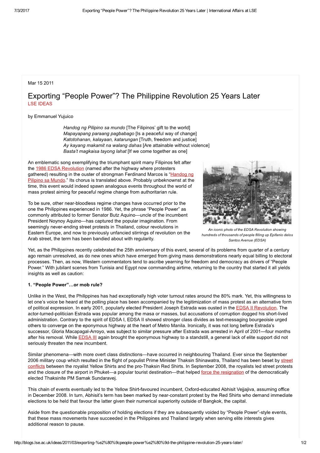 “People Power”? the Philippine Revolution 25 Years Later | International Affairs at LSE