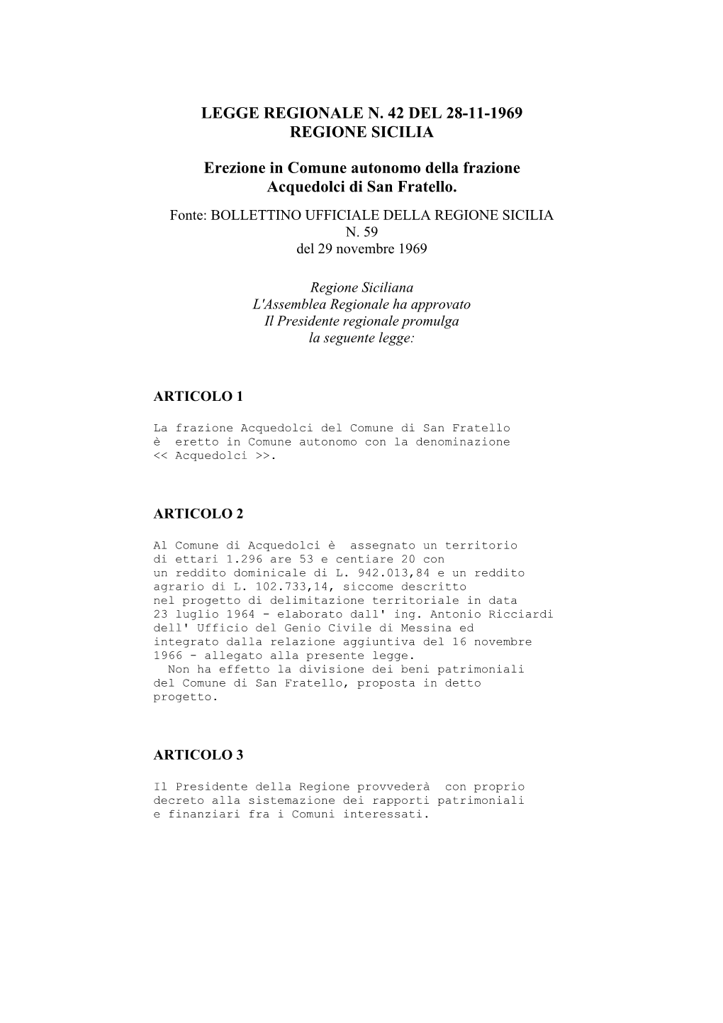 Legge Regionale N. 42 Del 28-11-1969 Regione Sicilia