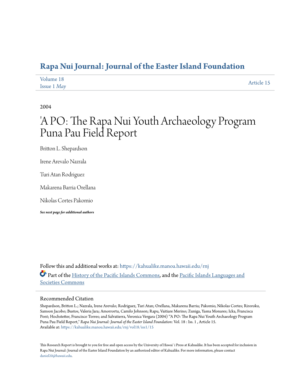 'A PO: the Rapa Nui Youth Archaeology Program Puna Pau Field Report Britton L