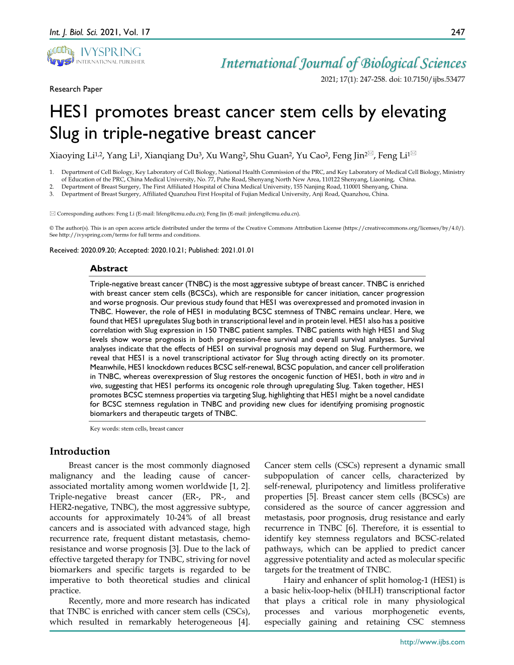 HES1 Promotes Breast Cancer Stem Cells by Elevating Slug in Triple
