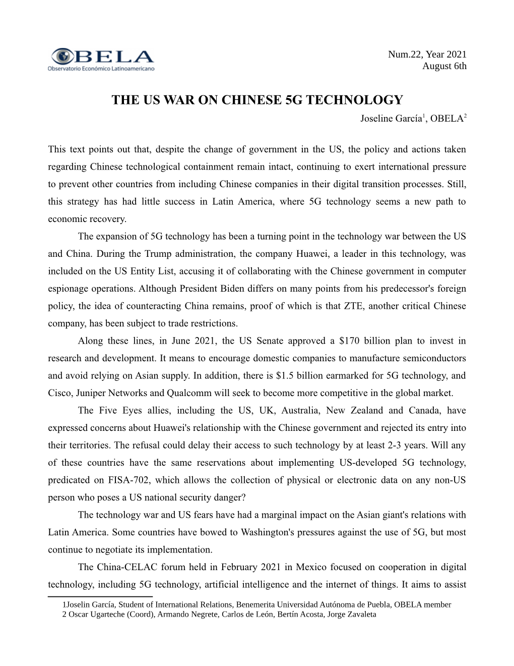 THE US WAR on CHINESE 5G TECHNOLOGY Joseline García1, OBELA2