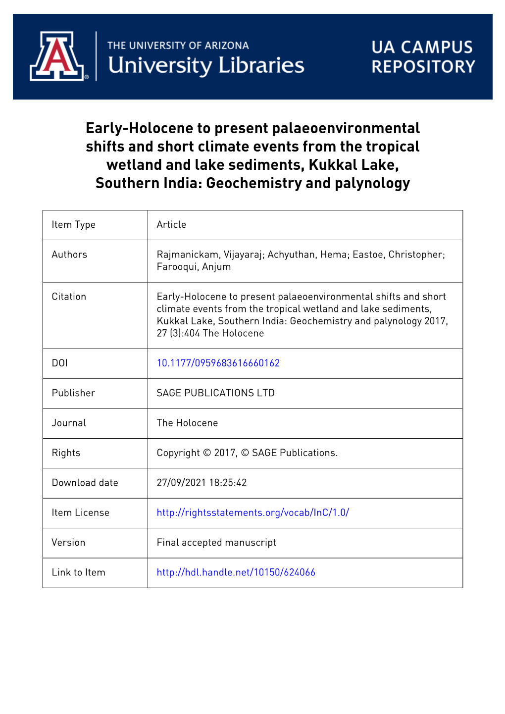 Early Holocene to Present Paleoenvironmental Shifts and Short