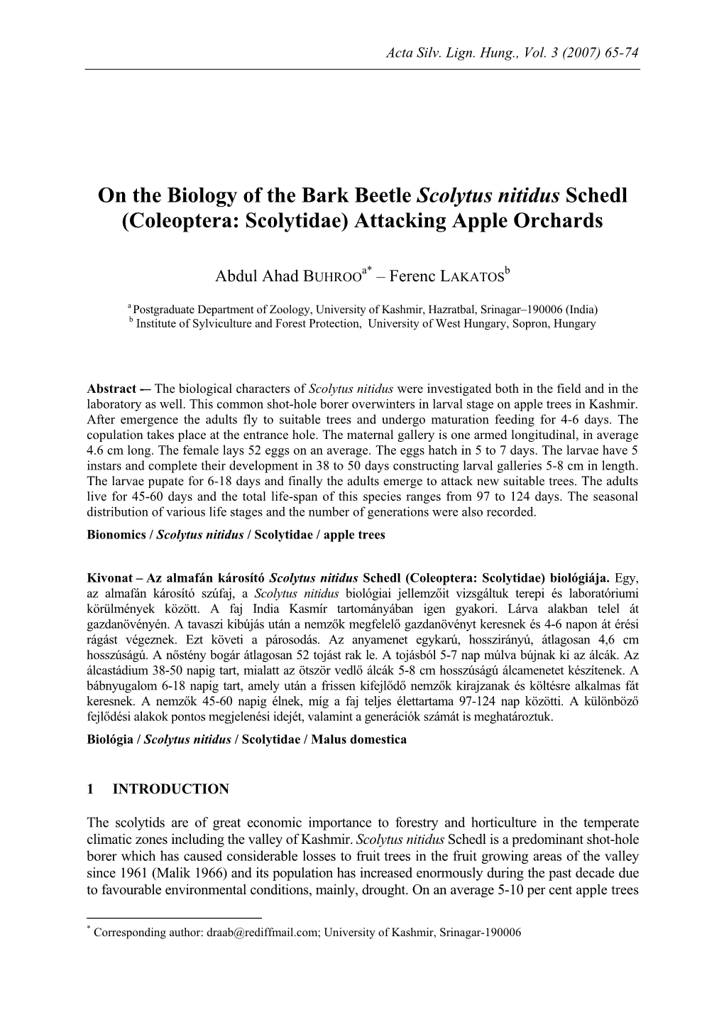 On the Biology of the Bark Beetle Scolytus Nitidus Schedl (Coleoptera: Scolytidae) Attacking Apple Orchards