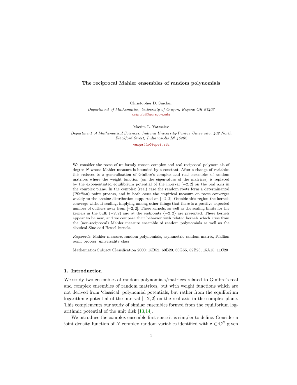 The Reciprocal Mahler Ensembles of Random Polynomials