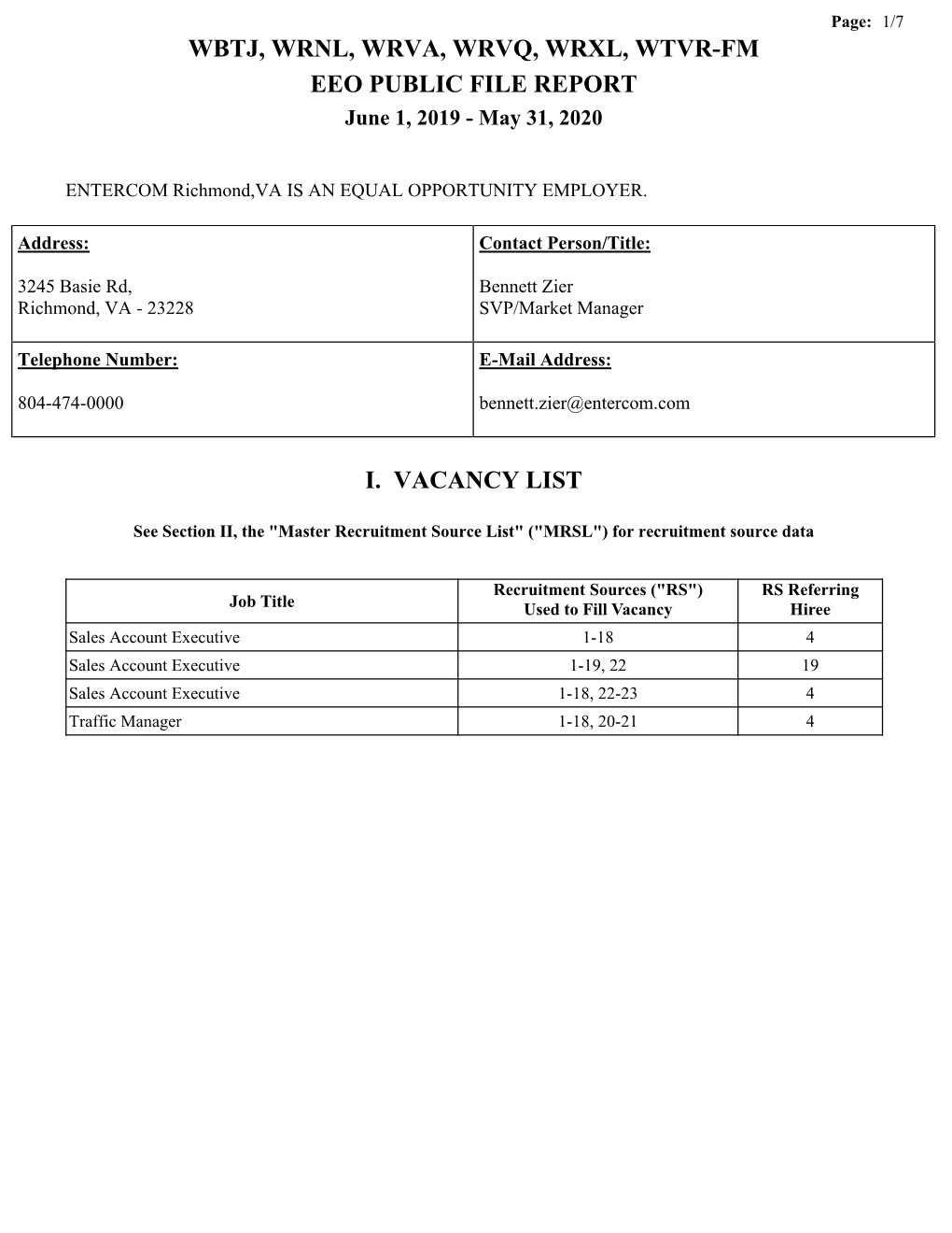 Wbtj, Wrnl, Wrva, Wrvq, Wrxl, Wtvr-Fm Eeo Public File Report I. Vacancy List