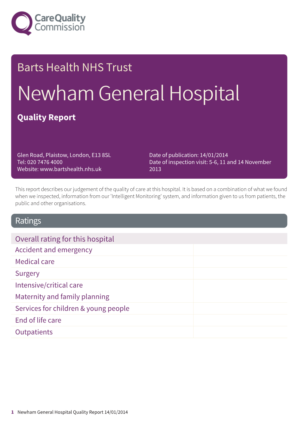 Barts Health NHS Trust Newham General Hospital Quality Report