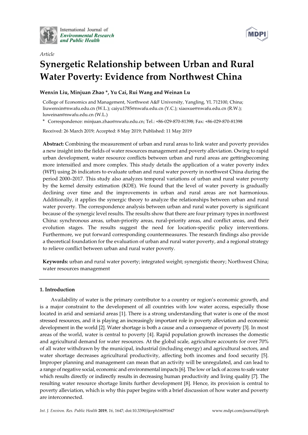 Synergetic Relationship Between Urban and Rural Water Poverty: Evidence from Northwest China