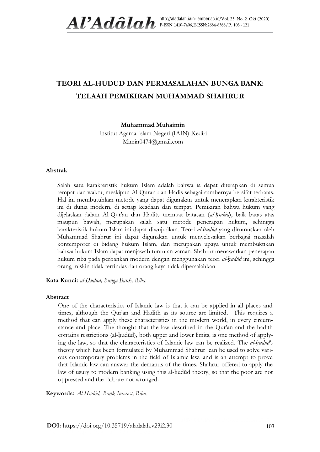 Teori Al-Hudud Dan Permasalahan Bunga Bank: Telaah Pemikiran Muhammad Shahrur