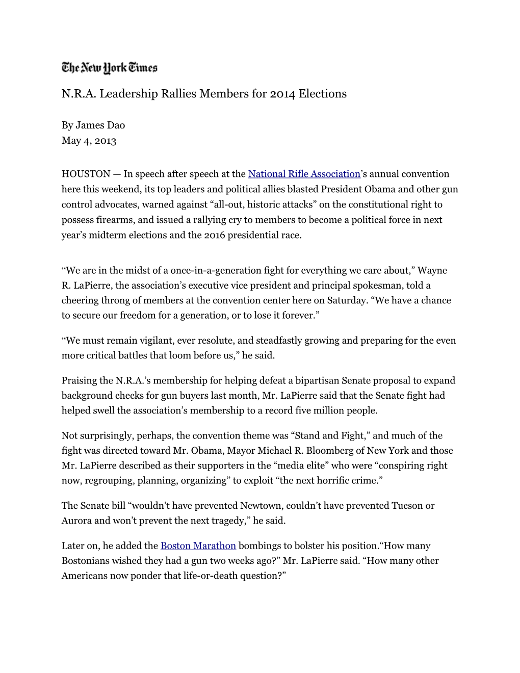 N.R.A. Leadership Rallies Members for 2014 Elections