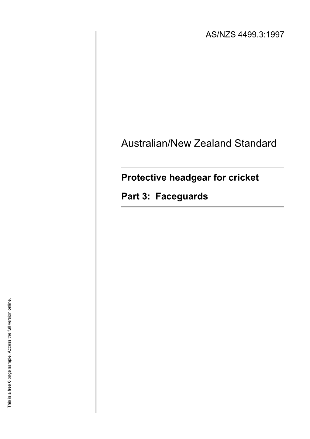 AS/NZS 4499.3:1997 Protective Headgear for Cricket