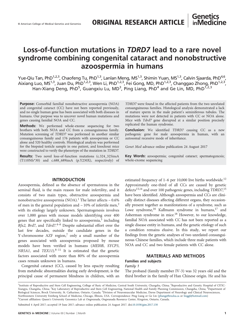 Loss-Of-Function Mutations in TDRD7 Lead to a Rare Novel Syndrome Combining Congenital Cataract and Nonobstructive Azoospermia in Humans