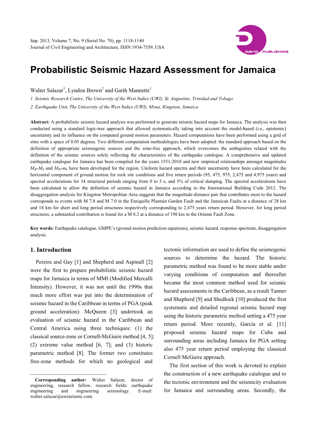 Probabilistic Seismic Hazard Assessment for Jamaica