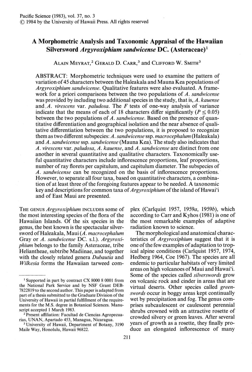 A Morphometric Analysis and Taxonomic Appraisal of the Hawaiian Silversword Argyroxiphium Sandwicense DC