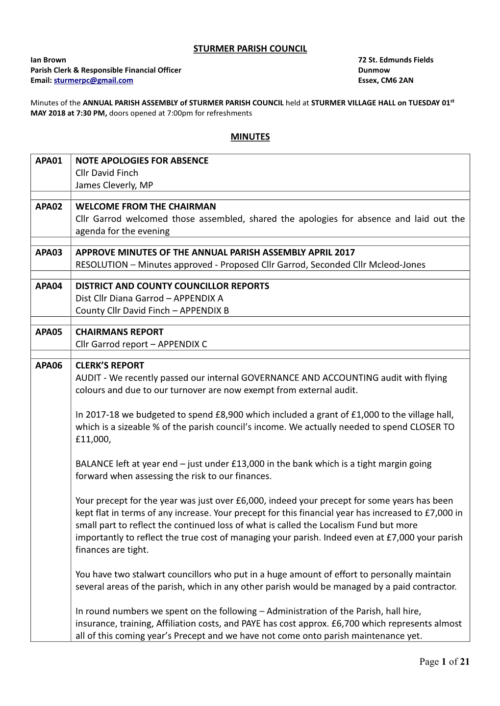 Page 1 of 21 STURMER PARISH COUNCIL MINUTES APA01