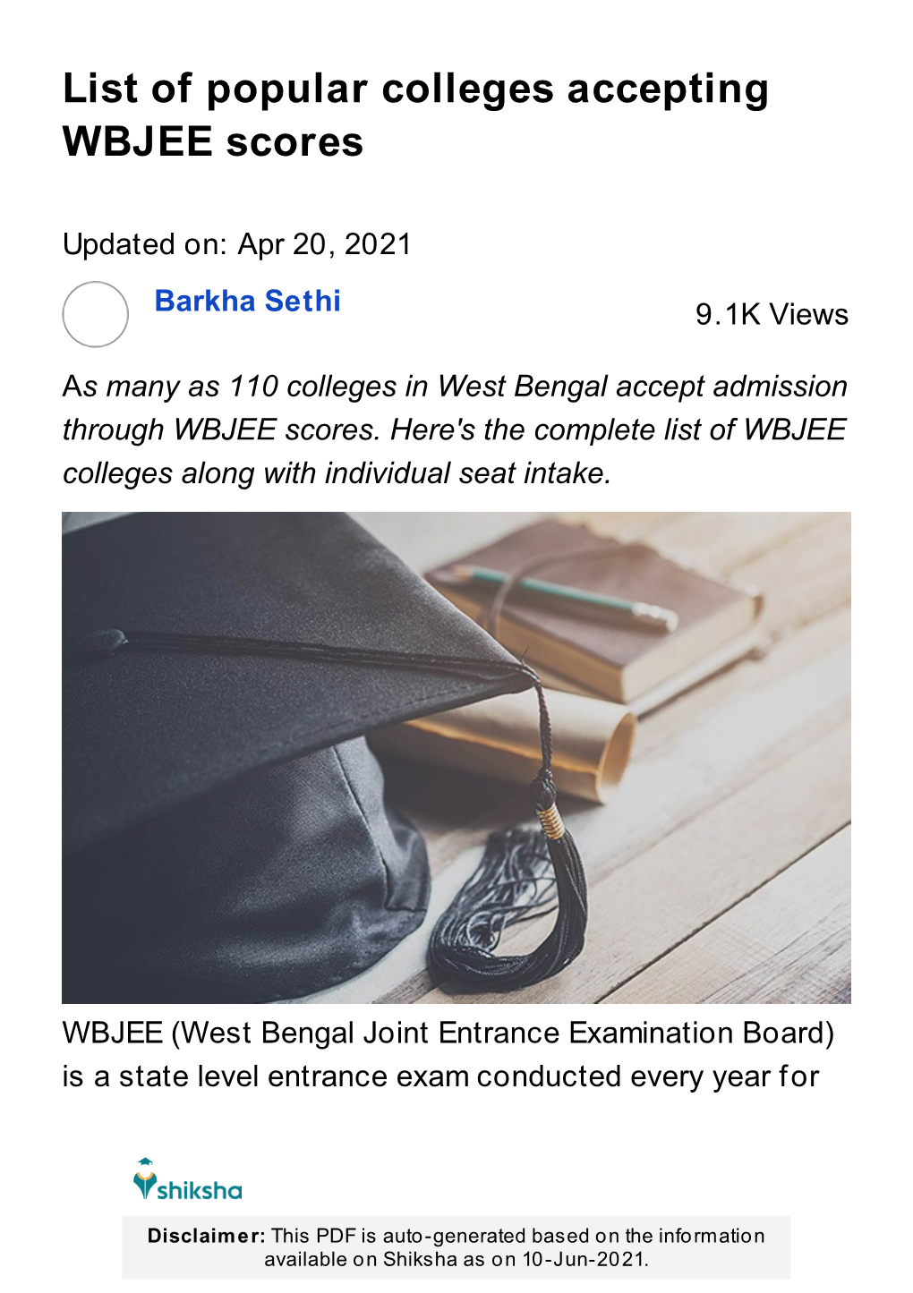 List of Popular Colleges Accepting WBJEE Scores