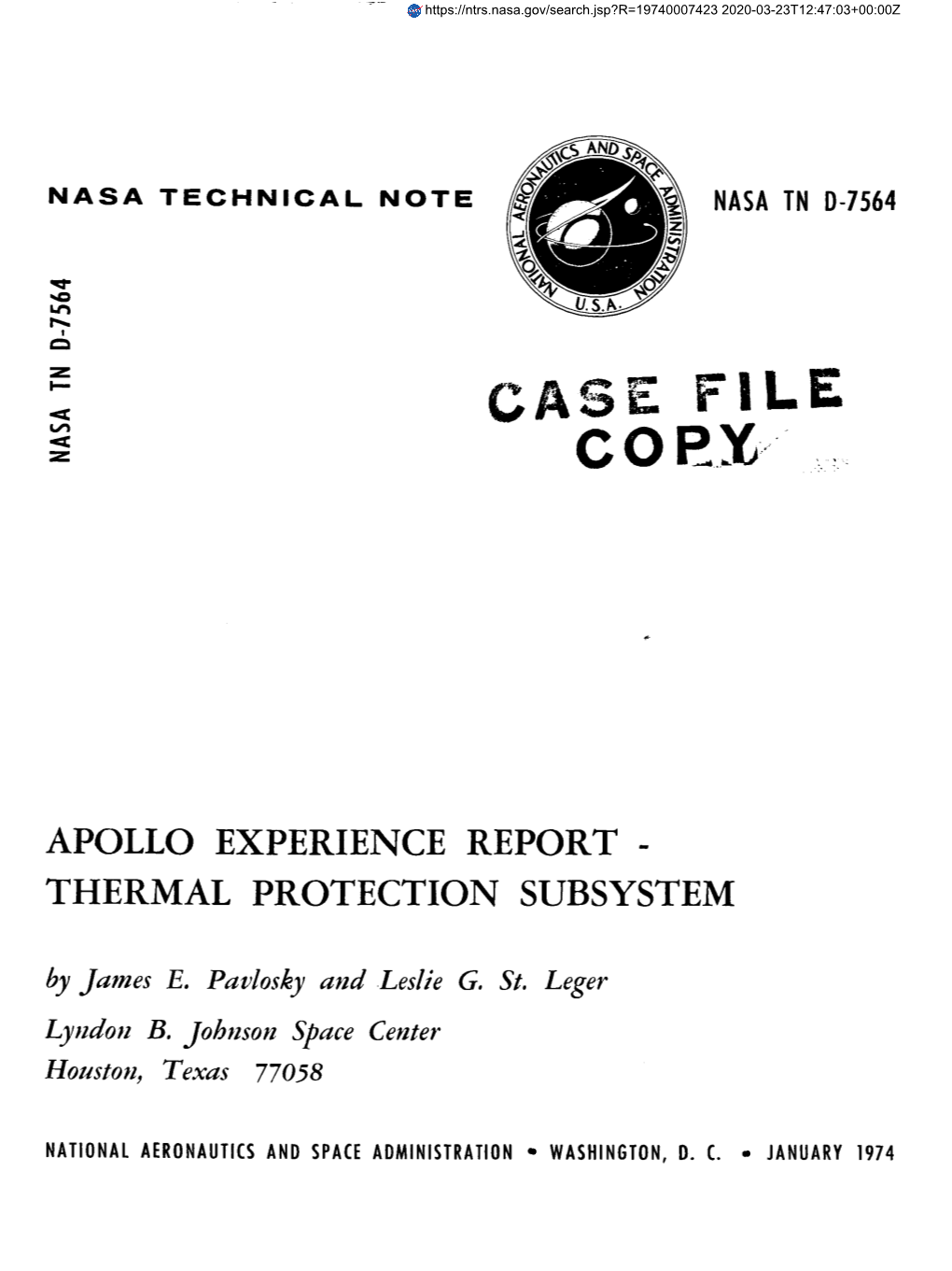 APOLLO EXPERIENCE REPORT - THERMAL PROTECTION SUBSYSTEM by Jumes E