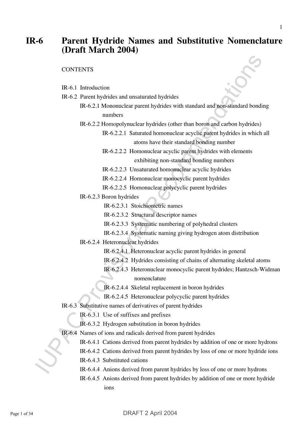 IR-6 Parent Hydride Names and Substitutive Nomenclature (Draft March 2004)