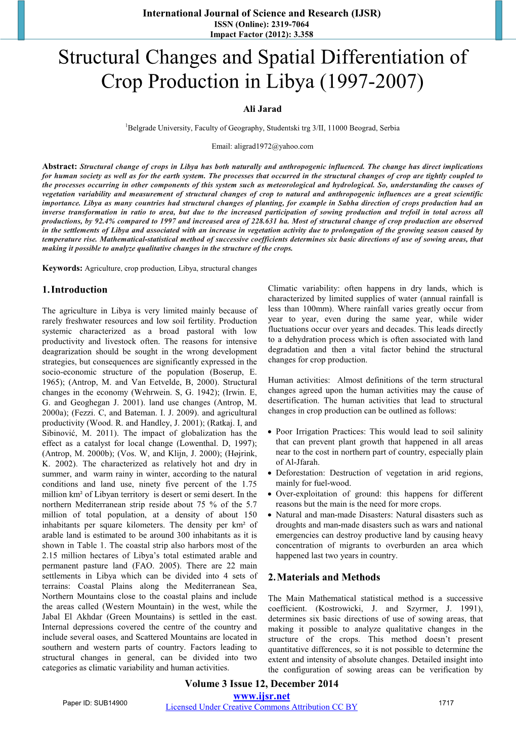 Structural Changes and Spatial Differentiation of Crop Production in Libya (1997-2007)