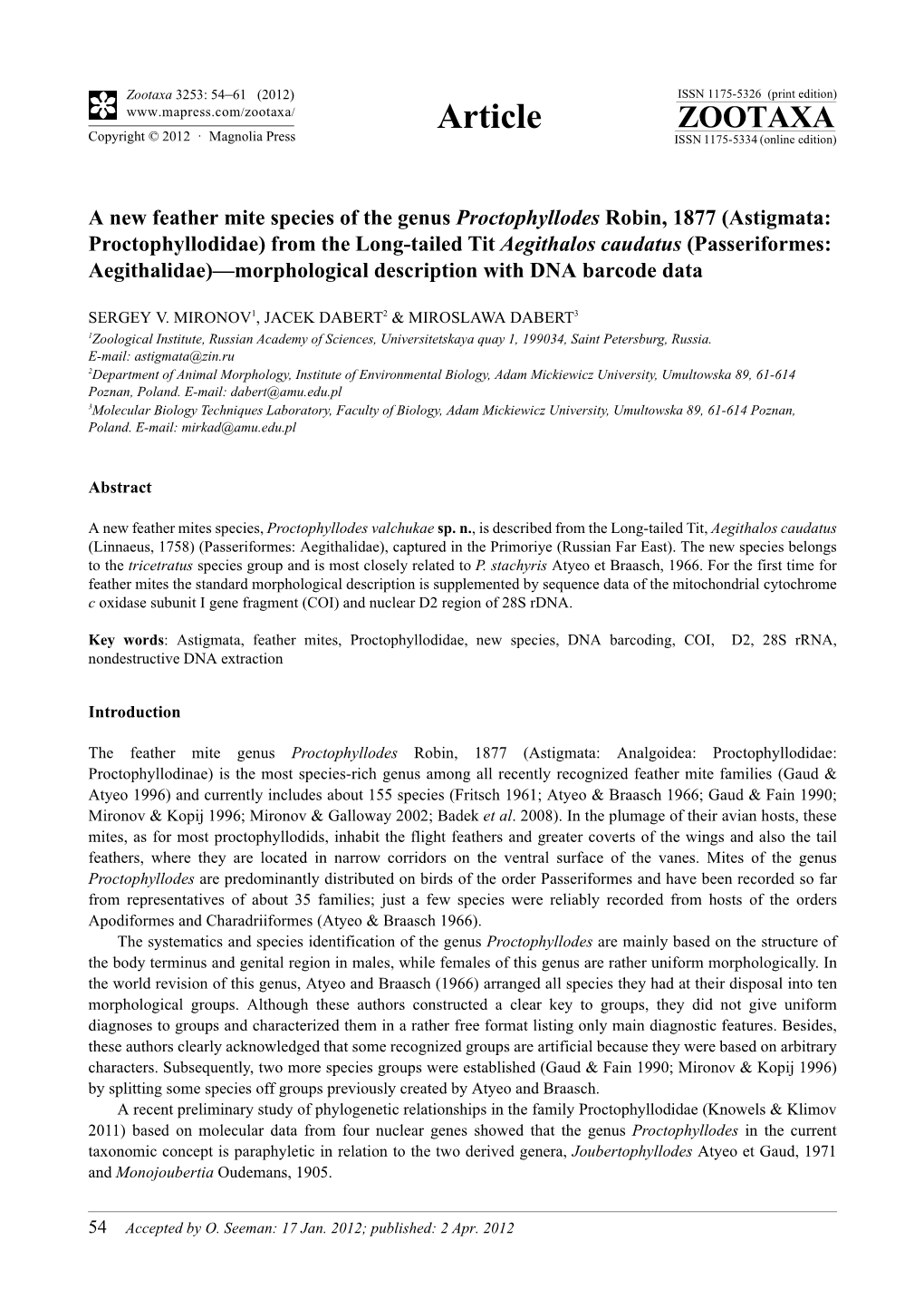 A New Feather Mite Species of the Genus Proctophyllodes Robin, 1877