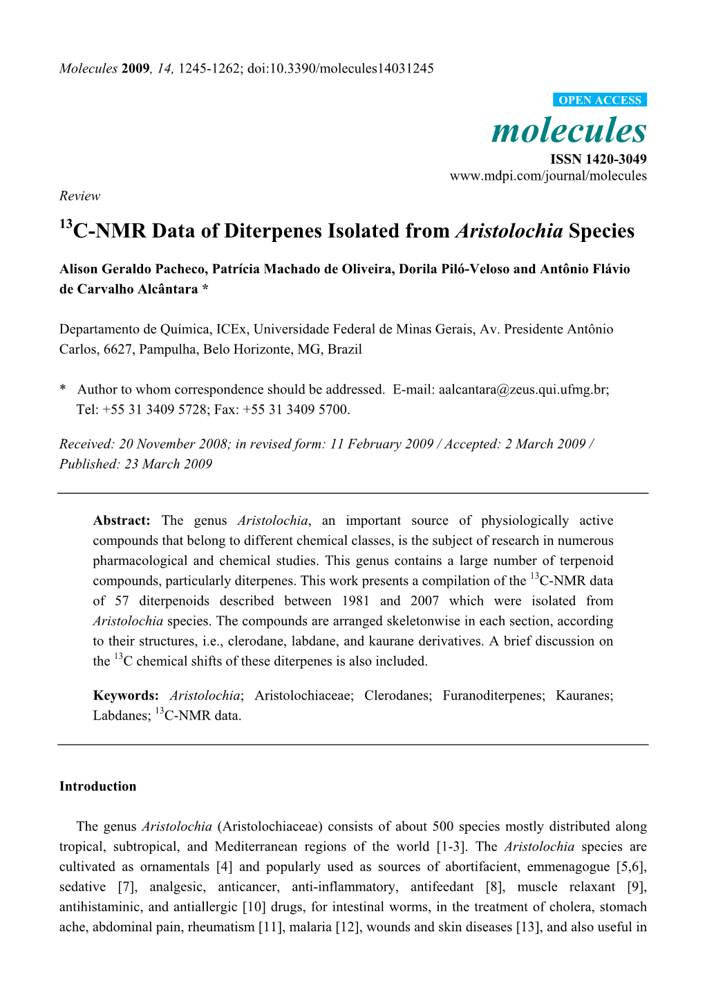 13C-NMR Data of Diterpenes Isolated from Aristolochia Species