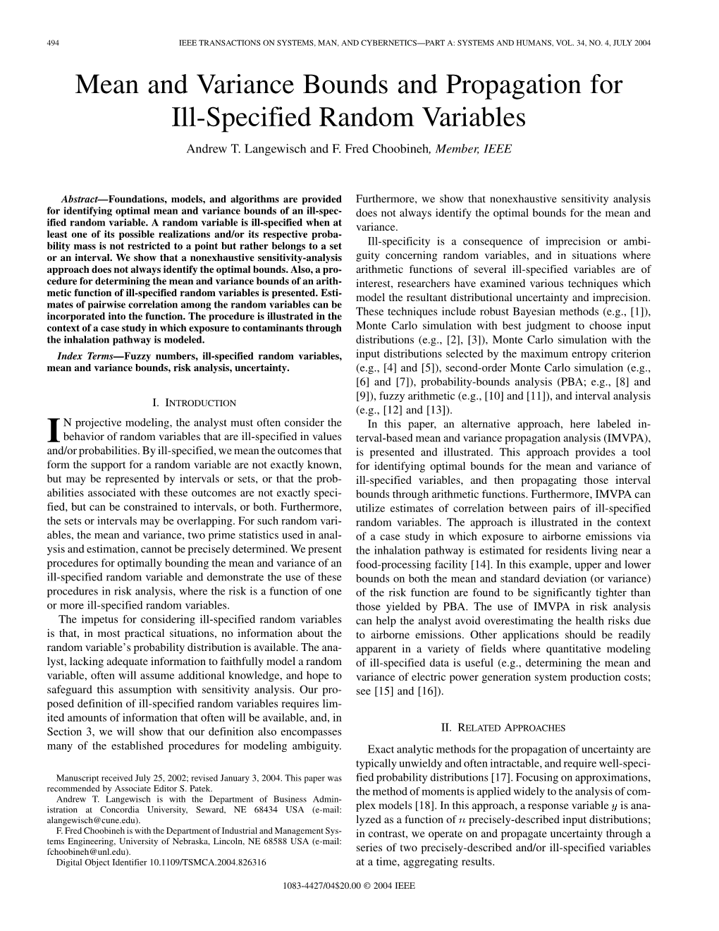 Mean and Variance Bounds and Propagation for Ill-Specified Random Variables Andrew T