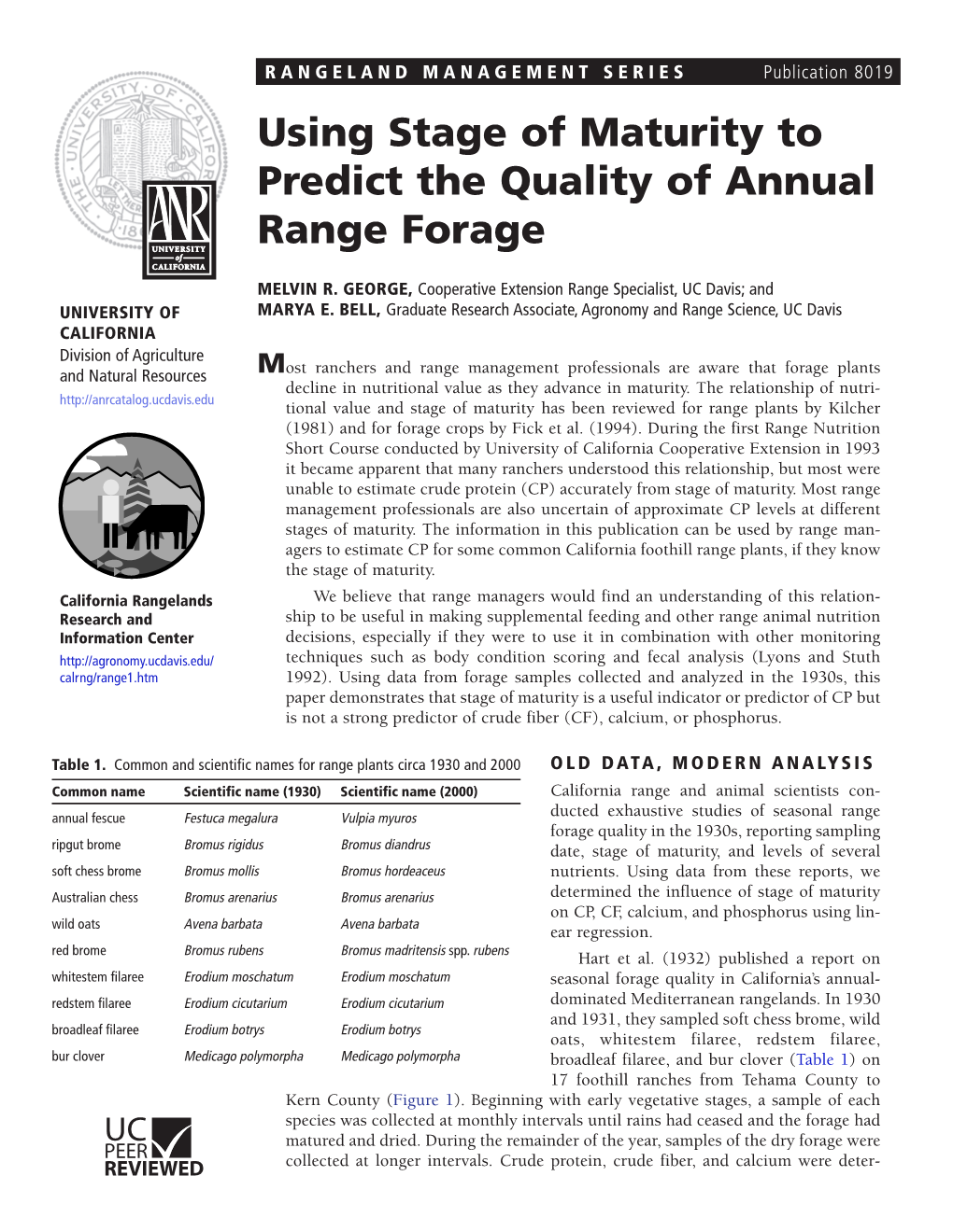 Using Stage of Maturity to Predict the Quality of Annual Range Forage