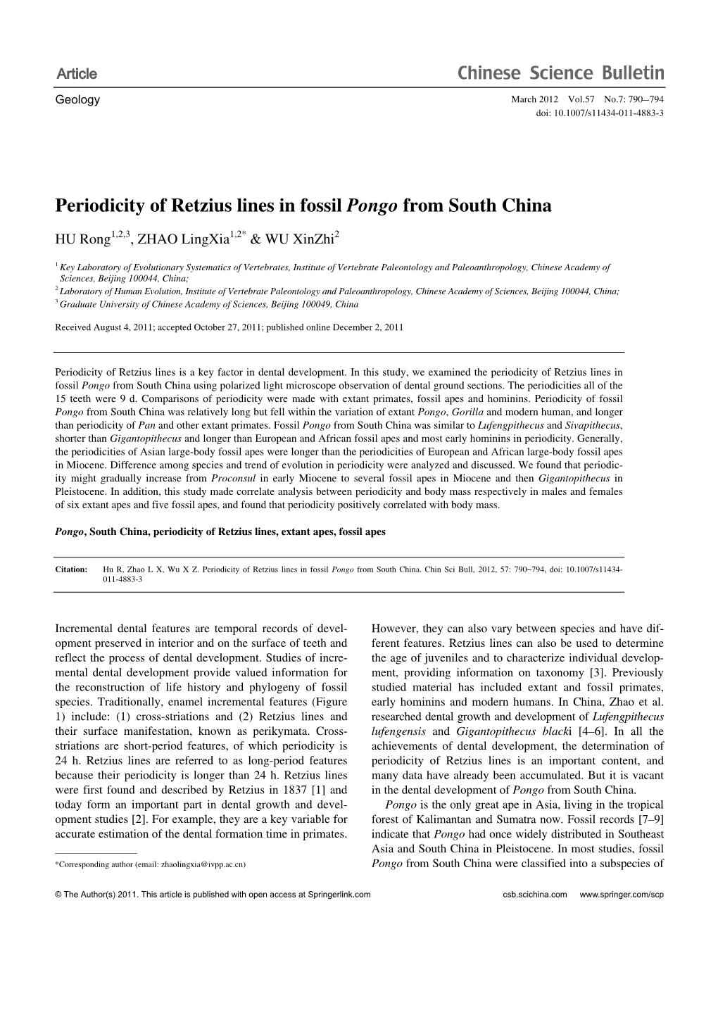 Periodicity of Retzius Lines in Fossil Pongo from South China