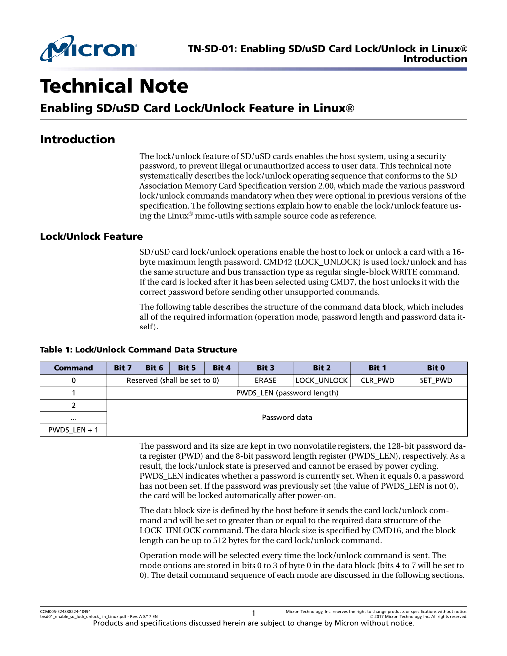 Enabling SD/Usd Card Lock/Unlock in Linux® Introduction Technical Note Enabling SD/Usd Card Lock/Unlock Feature in Linux®