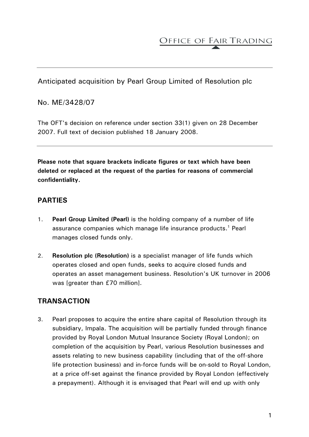 Anticipated Acquisition by Pearl Group Limited of Resolution Plc