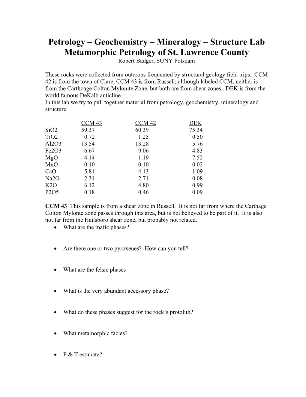 Petrology – Geochemistry – Mineralogy – Structure Lab