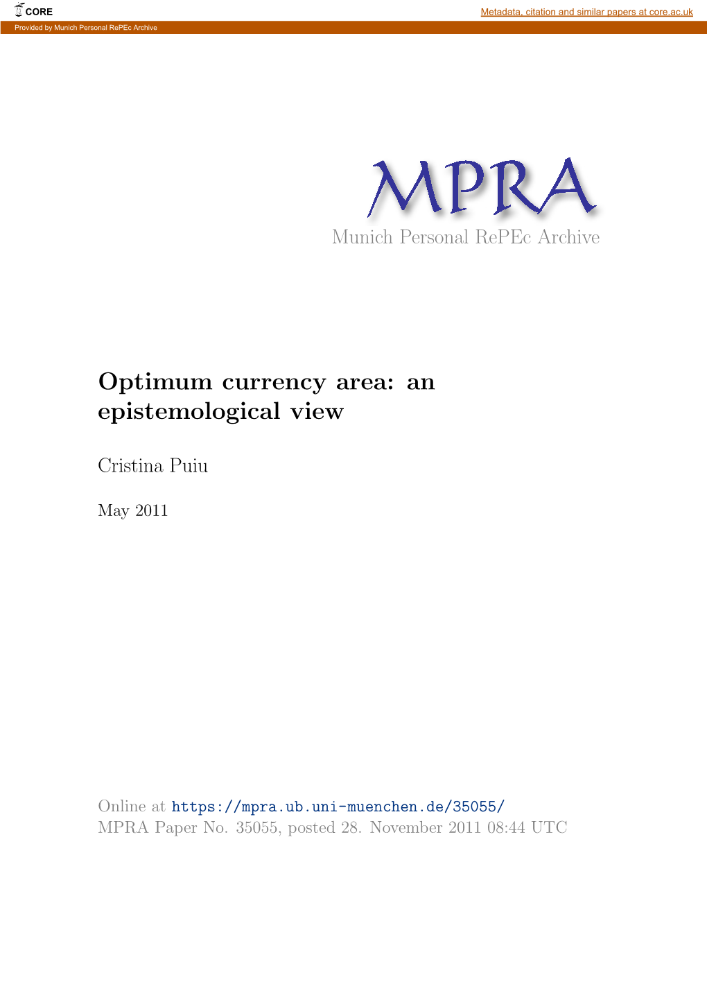 Optimum Currency Area: an Epistemological View