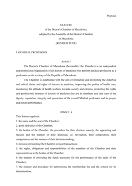 Proposal STATUTE of the Doctor's Chamber of Macedonia, Adopted by the Assembly of the Doctor's Chamber of Macedonia