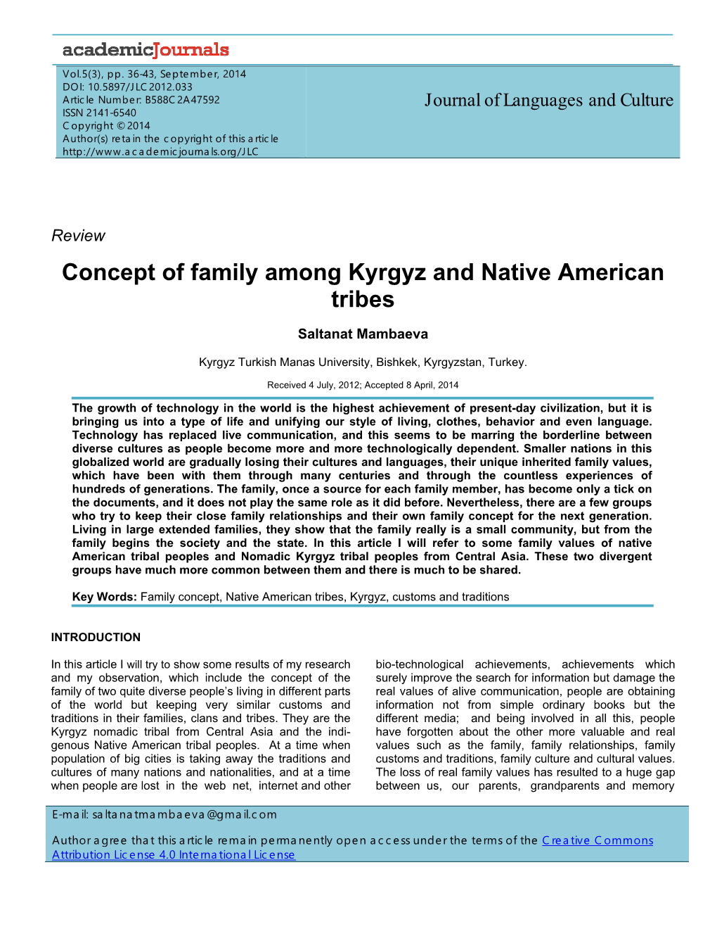 Concept of Family Among Kyrgyz and Native American Tribes