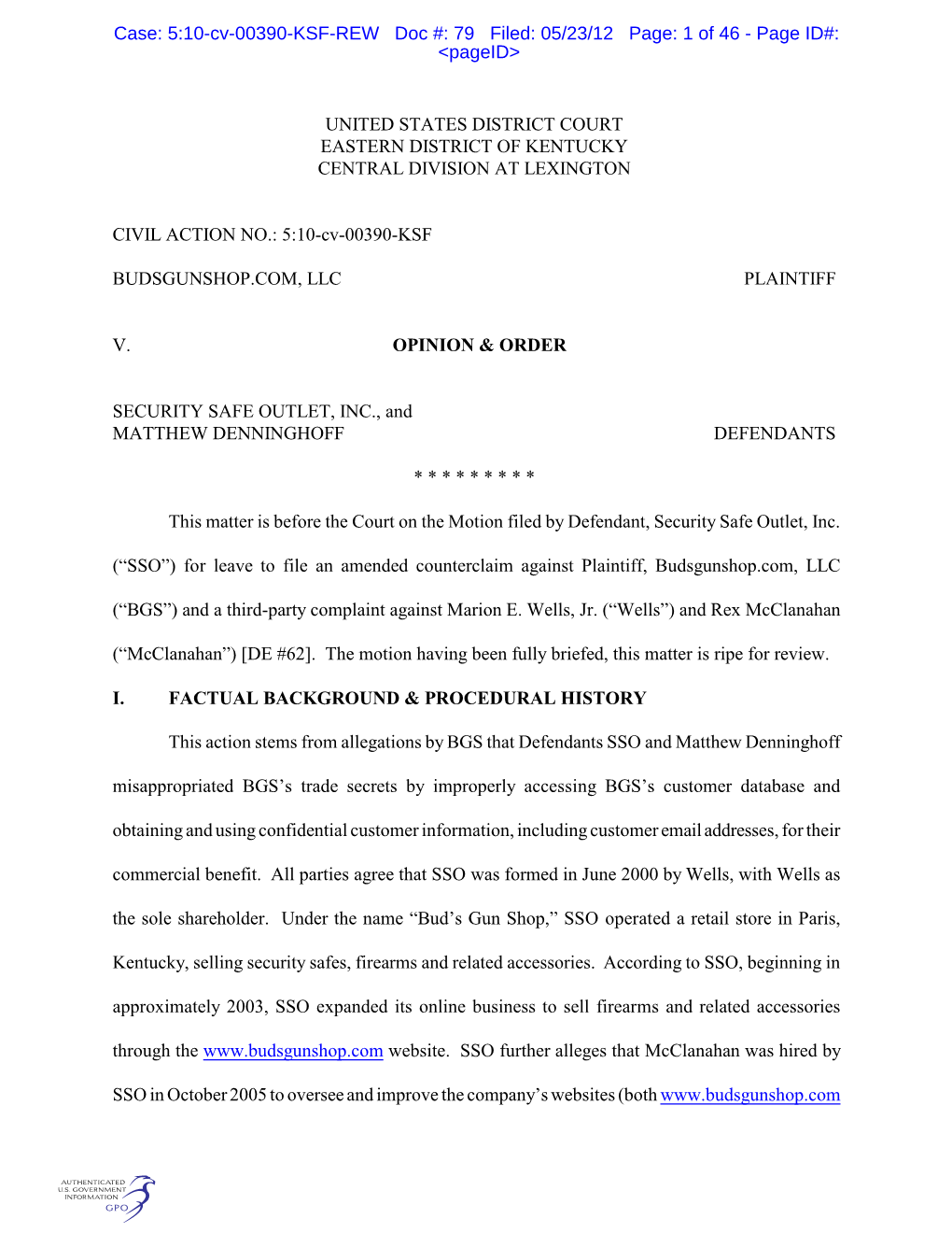 UNITED STATES DISTRICT COURT EASTERN DISTRICT of KENTUCKY CENTRAL DIVISION at LEXINGTON CIVIL ACTION NO.: 5:10-Cv-00390-KSF BUDS