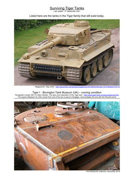 Surviving Tiger Tanks Last Update : 27 September 2021 Listed Here Are the Tanks in the Tiger Family That Still Exist Today