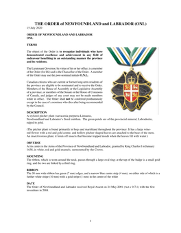 THE ORDER of NEWFOUNDLAND and LABRADOR (ONL) 15 July 2020