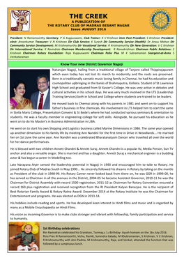 THE CREEK a PUBLICATION of the ROTARY CLUB of MADRAS BESANT NAGAR Issue AUGUST 2016
