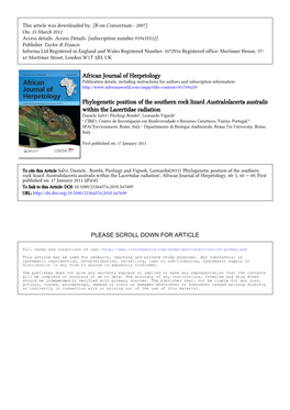 African Journal of Herpetology Phylogenetic Position of The