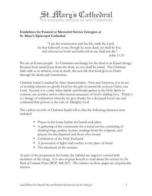 Guidelines for Funeral Or Memorial Service Liturgies at St. Mary's