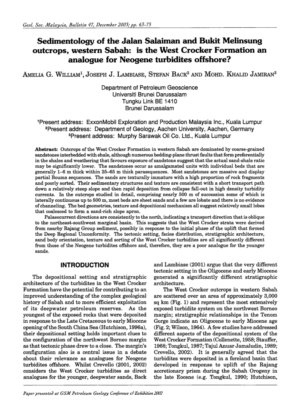 Sedimentology of the Jalan Salaiman and Bukit Melinsung Outcrops, Western Sabah: Is the West Crocker Formation an Analogue for Neogene Turbidites Offshore?