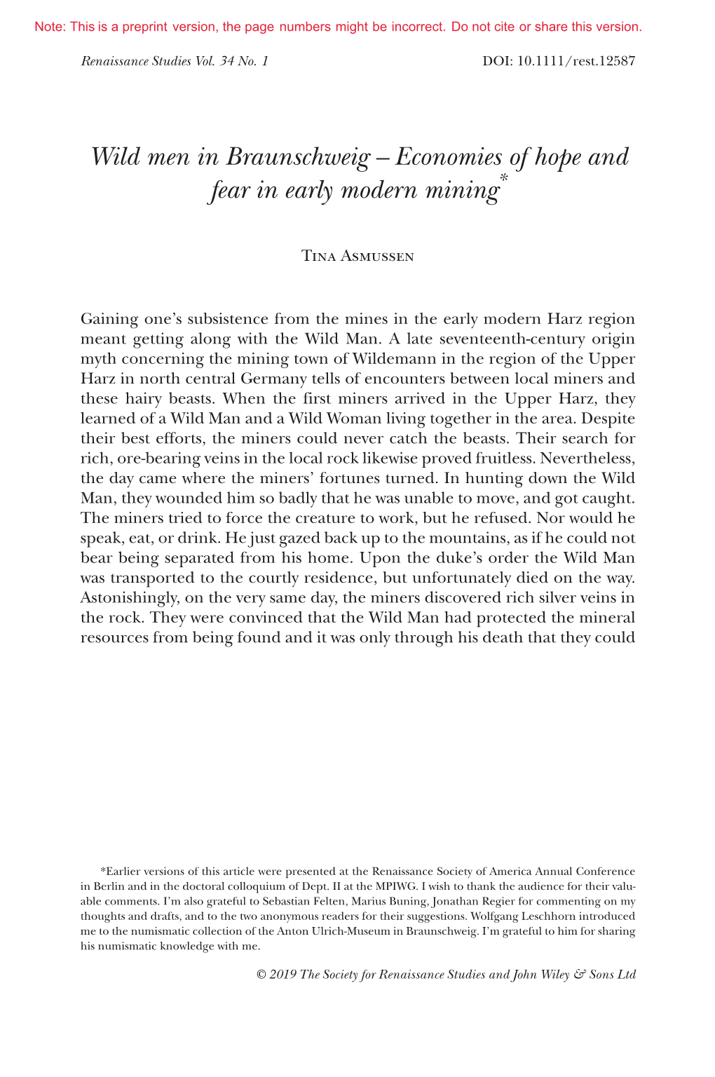 Wild Men in Braunschweig – Economies of Hope and Fear in Early Modern Mining*