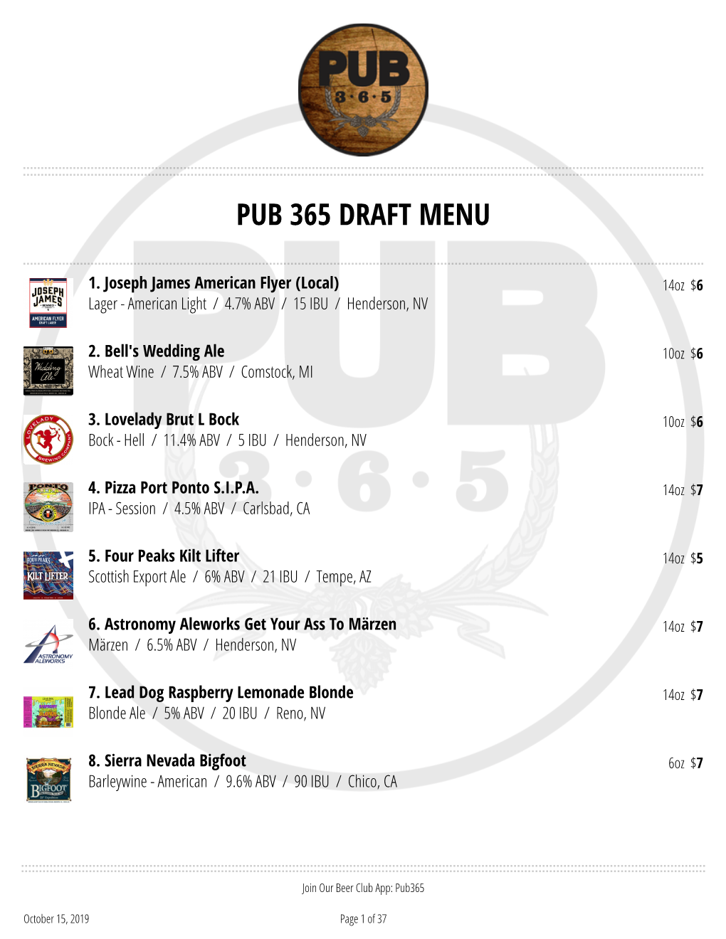 Pub 365 Draft Menu