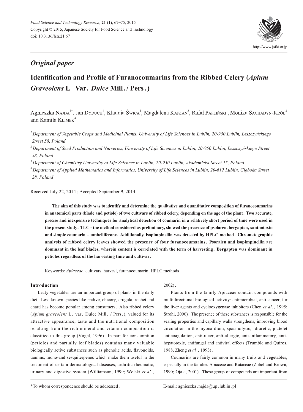 Original Paper Identification and Profile of Furanocoumarins from The